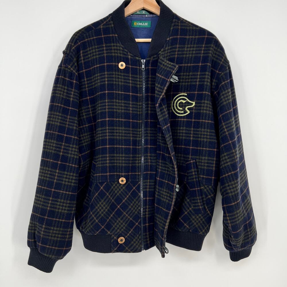 Vintage Collie Italian Lambs Wool Varsity Bomber Jacket Mens XL Navy Blue Plaid - Picture 2 of 11